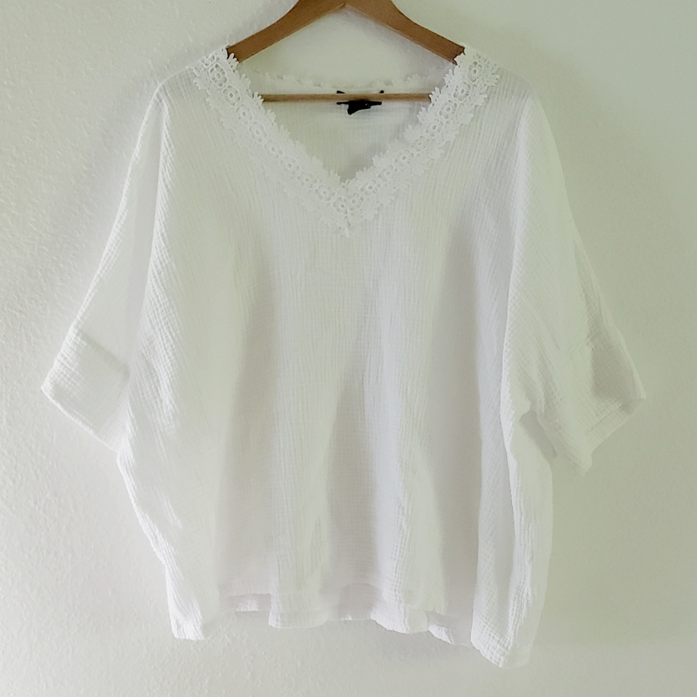 Cynthia Rowley Cotton Boxy V Neck Oversized White Lightweight Top 2X